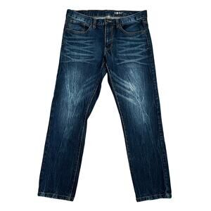 IZOD‎ Mens Slim Straight Fit Y2K Whiskered Dark Wash Blue Denim Jeans 34x32